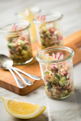 Norddeutscher Friesischer Nordseekrabben Salat Glas Becher mit Gurken, Radieschen, Zwiebeln, Dill und Zitronen auf Holz Brett und Marmor Tisch