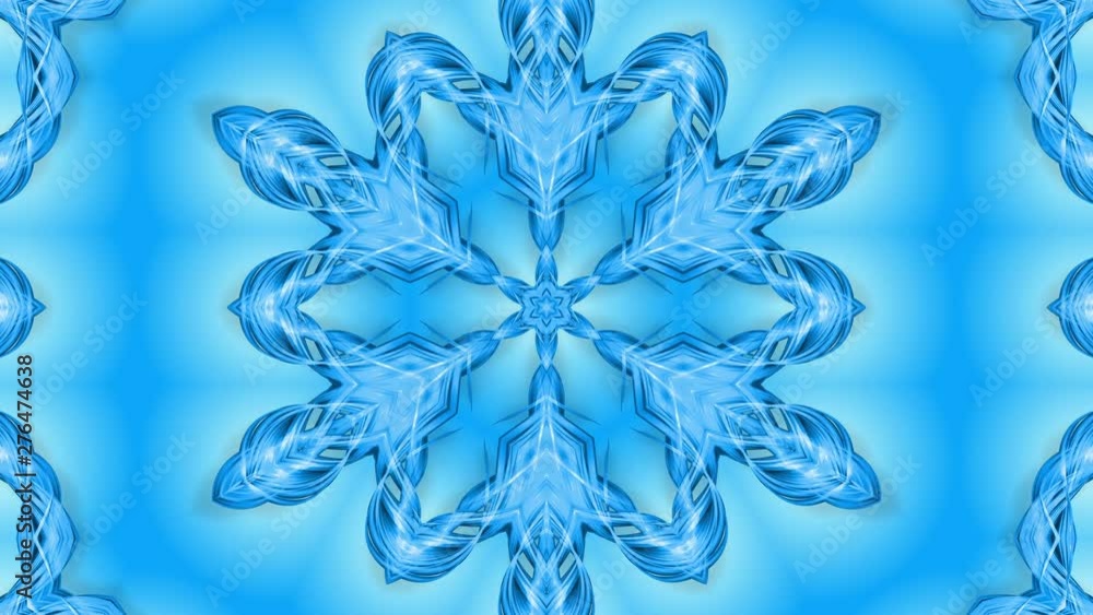 Poster abstract snowflake in motion of the blue lines of ribbons on a blue background. kaleidoscopic effect