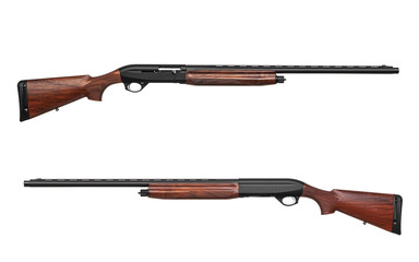 Hunting semi-automatic shotgun with wooden butt isolate on white background