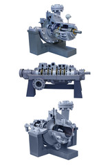 three modern liquefied gas transfer pumps close-up. Cross-section of the pump