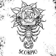 Beautiful line art filigree zodiac symbol. Black sign on vintage background. Vector clipart.Elegant jewelry tattoo. Scorpio