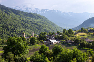 Obraz premium Svaneti landscape with svan towers - travel to mountain region of Georgia 