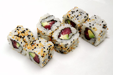 Sushi rolls on white background. Collection. Closeup of delicious japanese food with sushi roll.