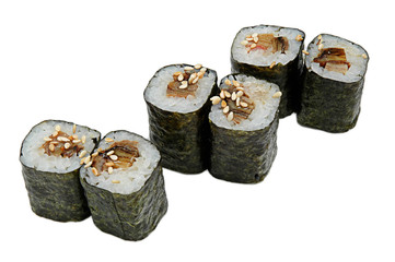 Sushi rolls isolated on white background. Collection. Closeup of delicious japanese food with sushi roll.