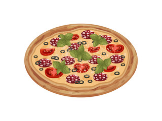 Whole pizza with salami. Vector illustration on white background.