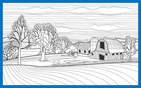 adult coloring page. landscape hills with farm and barn