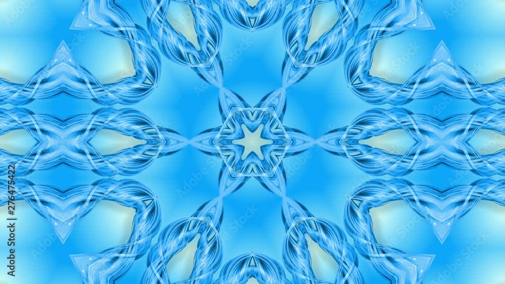 Poster abstract snowflake in motion of the blue lines of ribbons on a blue background. kaleidoscopic effect