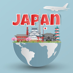 Japan landmark global travel with Himeji castle, Asakuza Sensoji, Sensoji Temple, Itsukushima Shrine and Tokyo Tower. Paper art style