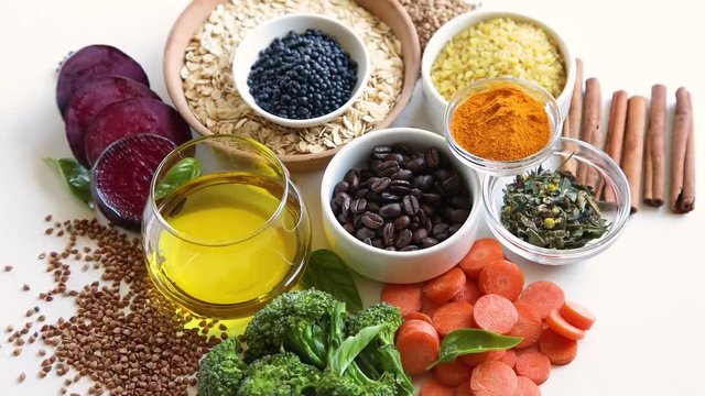 Liver detox diet food concept . Foods for healthy liver. Health foods high in antioxidants and fiber. Top view 