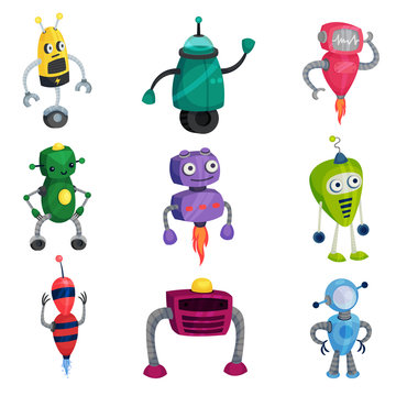Set of cute robots. Vector illustration on white background.