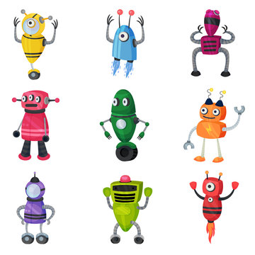 Set of cute multicolored robots. Vector illustration on white background.