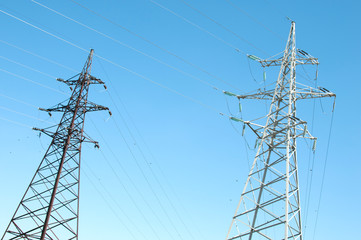 Electricity poles. Pylon with cables. High voltage line.