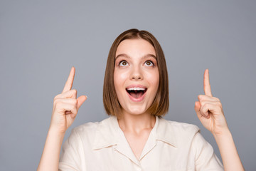 Close up photo of cute lady astonished impressed shout scream wow omg bargain dressed trendy...