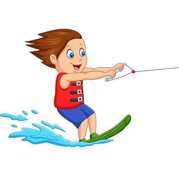 Cartoon boy playing water ski