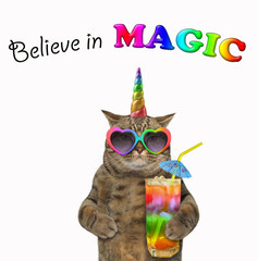 The cat unicorn in sunglasses is holding a glass of colored cocktail with a straw. Believe in magic. White background. Isolated.