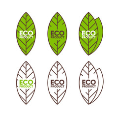 Eco product flat badge collection, leaf shape. Bio eco symbol. Slogan for package, label, cover, brochure, bag. Poster typography design elements
