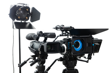 slr video camera rig isolated on white background