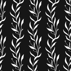 Vector seamless floral pattern. Vertical branches with leaves. Simple design for fabrics, wallpapers, textiles, web design.