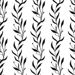 Fototapeta premium Vector seamless floral pattern. Vertical branches with leaves. Simple design for fabrics, wallpapers, textiles, web design. Isolated on white.