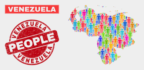 Demographic Venezuela map abstraction. People color mosaic Venezuela map of men, and red round scratched stamp seal. Vector combination for population community presentation.