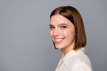 Close up side profile photo beautiful pretty amazing she her lady look colleagues friendly inviting welcome wait come in office best boss chief wear casual white shirt isolated grey background