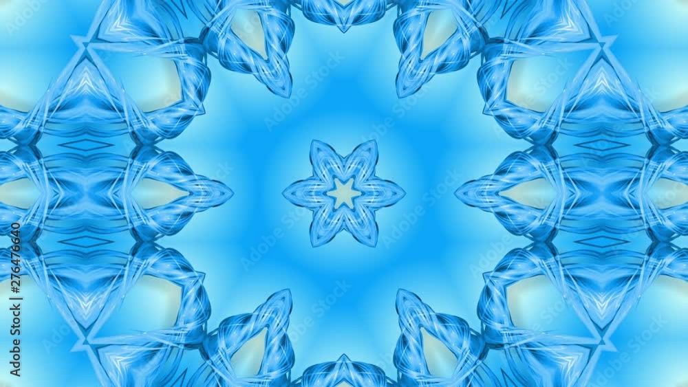 Poster abstract snowflake in motion of the blue lines of ribbons on a blue background. kaleidoscopic effect
