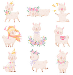 Set of cartoon pink llamas. Vector illustration on white background.