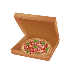 Pizza with bacon and sausage in a box. Vector illustration on white background.