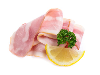 Fresh sliced bacon on white background