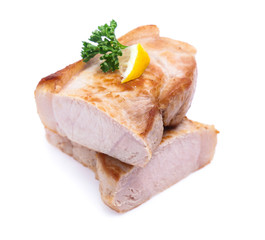 roasted pork slices isolated on white background