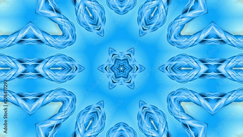 Poster abstract snowflake in motion of the blue lines of ribbons on a blue background. kaleidoscopic effect