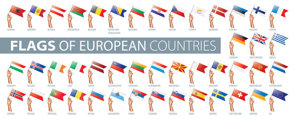 Hand and national flag. Vector illustration of a set of European flags