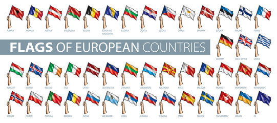 Hand and national flag. Vector illustration of a set of European flags