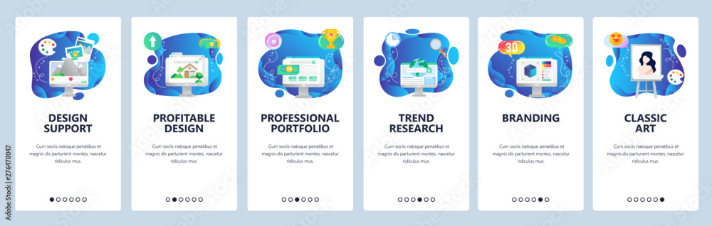 Aufkleber website and mobile app onboarding screens vector template