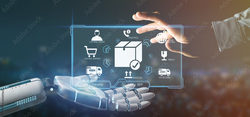 Poster cyborg hand holding a logistic delivery application screen 3d rendering