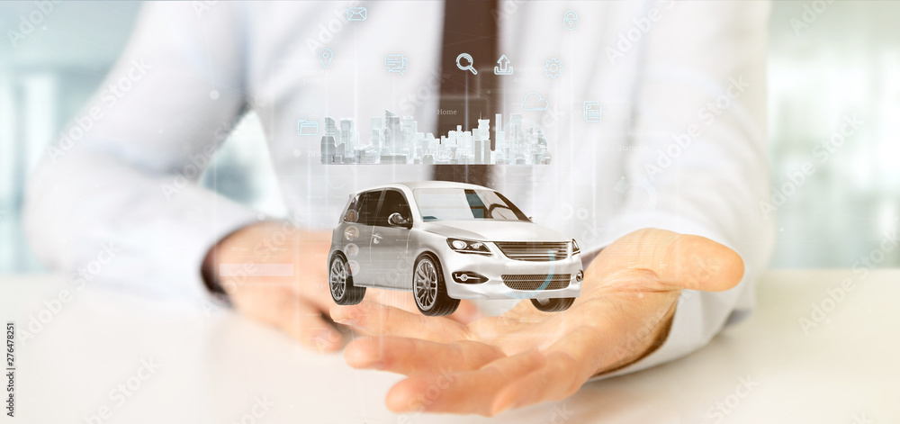 Aufkleber businessman holding dashboard smartcar interface with multimedia icon and city map on a background 3