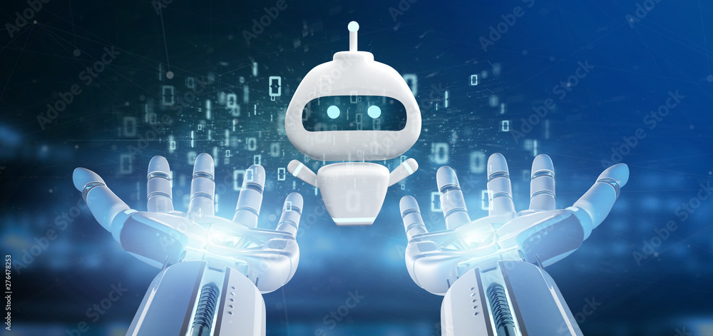 Poster cyborg hand holding chatbot with binary code 3d rendering