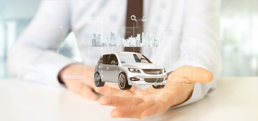 Businessman holding Dashboard smartcar interface with multimedia icon and city map on a background 3d rendering
