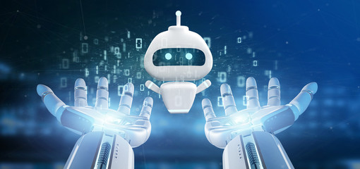 Cyborg hand holding Chatbot with binary code 3d rendering