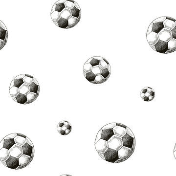 Football pattern. Hand drawn seamless background with sketch style soccer balls. Black on white. Monochrome vector backdrop.