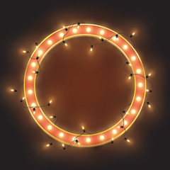 Red retro neon circle frame, led shiny lights garland, vector illustration