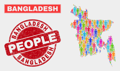 Demographic Bangladesh map abstraction. People colorful mosaic Bangladesh map of guys, and red rounded dirty watermark. Vector composition for nation community representation.