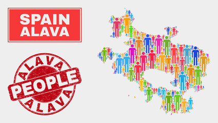 Demographic Alava Province map abstraction. People color mosaic Alava Province map of humans, and red rounded unclean seal. Vector combination for nation group presentation.