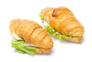 croissant sandwich with ham isolated on white background