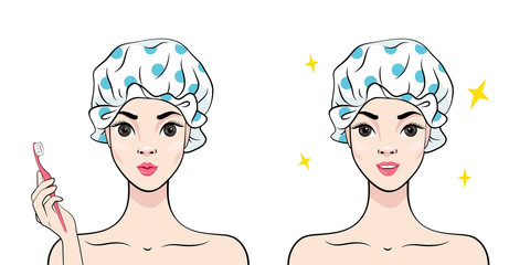 Dental care. Beautiful young woman in shower cap with toothbrush and toothpaste isolated on the white background. Vector illustration in cartoon style