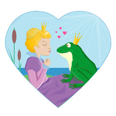 Obraz premium Princess kissing a frog with crown vector illustration