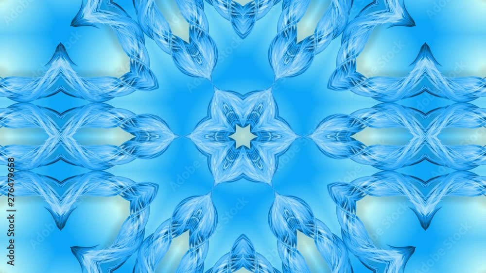 Poster abstract snowflake in motion of the blue lines of ribbons on a blue background. kaleidoscopic effect