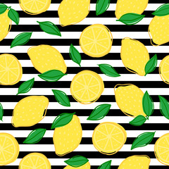 Zitronenfrucht und nahtloses Muster der Scheiben. Einfacher Vektorillustrationshintergrund. Für Print, Textil, Web, Wohnkultur, Mode, Oberfläche, Grafikdesign