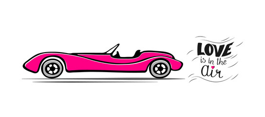 Pink just married retro car. Inscription Love is in the Air. Vector illustration