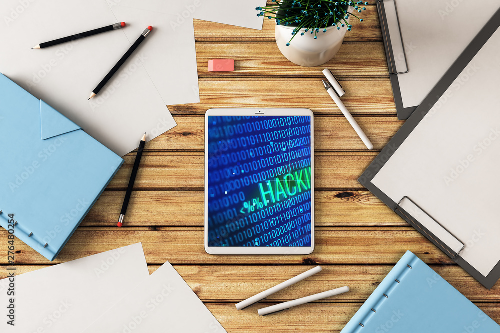 Poster digital tablet closeup with hacking theme drawing on screen. data safety concept. 3d rendering.